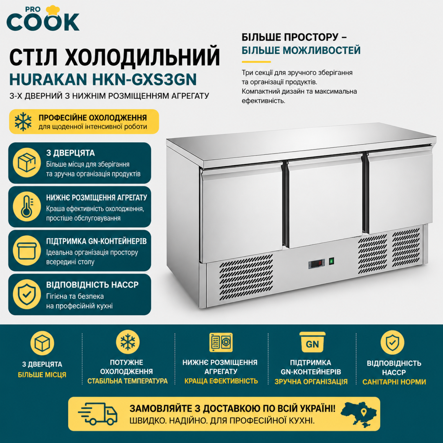 СТІЛ ХОЛОДИЛЬНИЙ HURAKAN HKN-GXS3GN 3-Х ДВЕРНИЙ З НИЖНІМ РОЗМІЩЕННЯМ АГРЕГАТУ