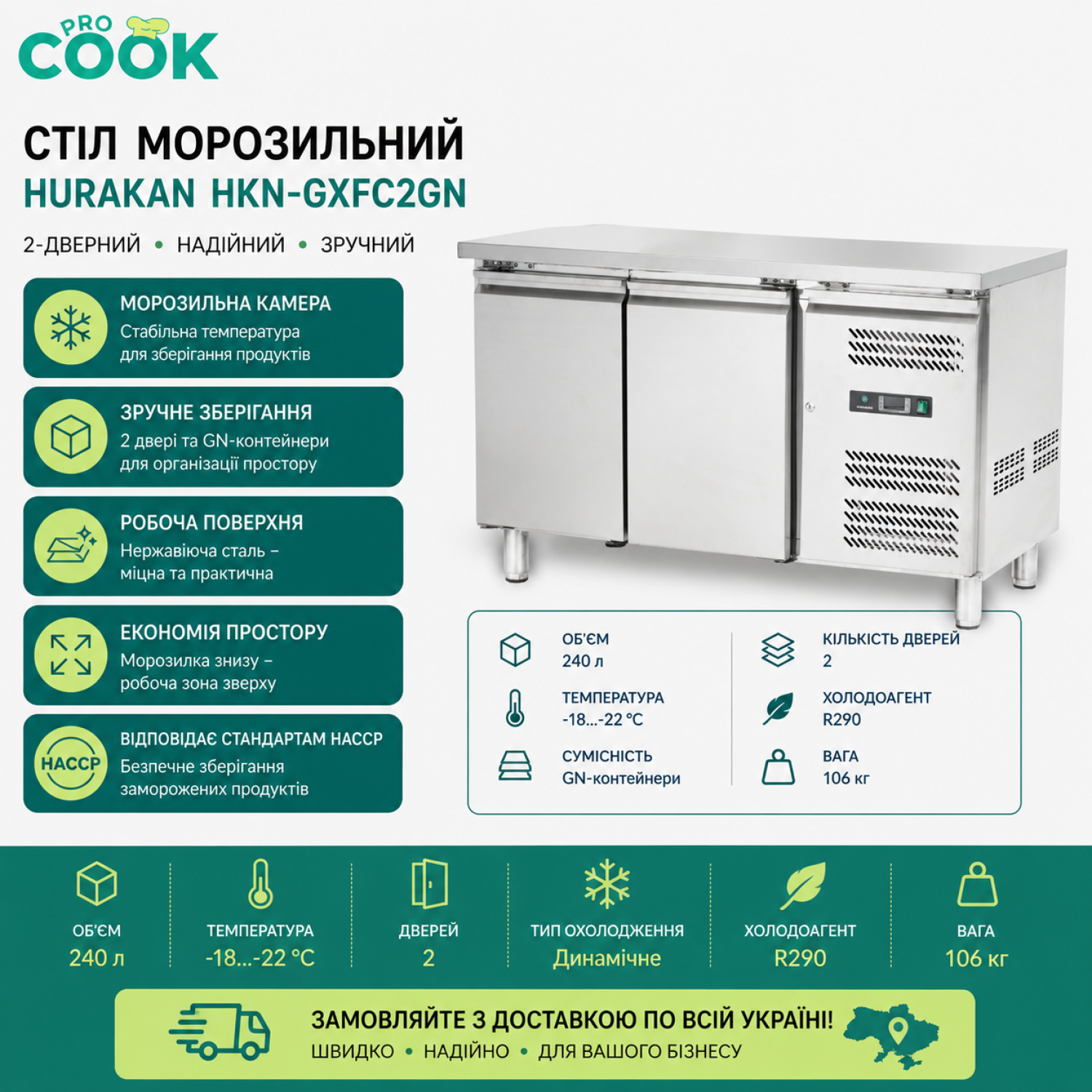 СТІЛ МОРОЗИЛЬНИЙ HURAKAN HKN-GXFC2GN 2-ДВЕРНИЙ