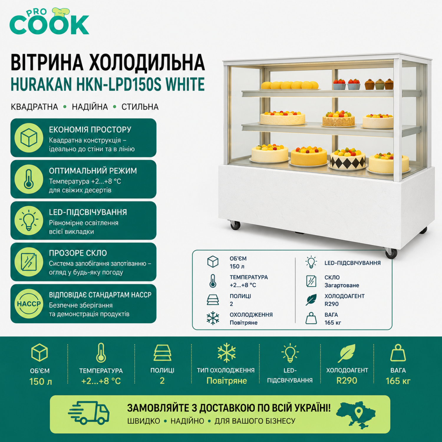 Вітрина холодильна HURAKAN HKN-LPD150S WHITE (0,9 м, квадратна)