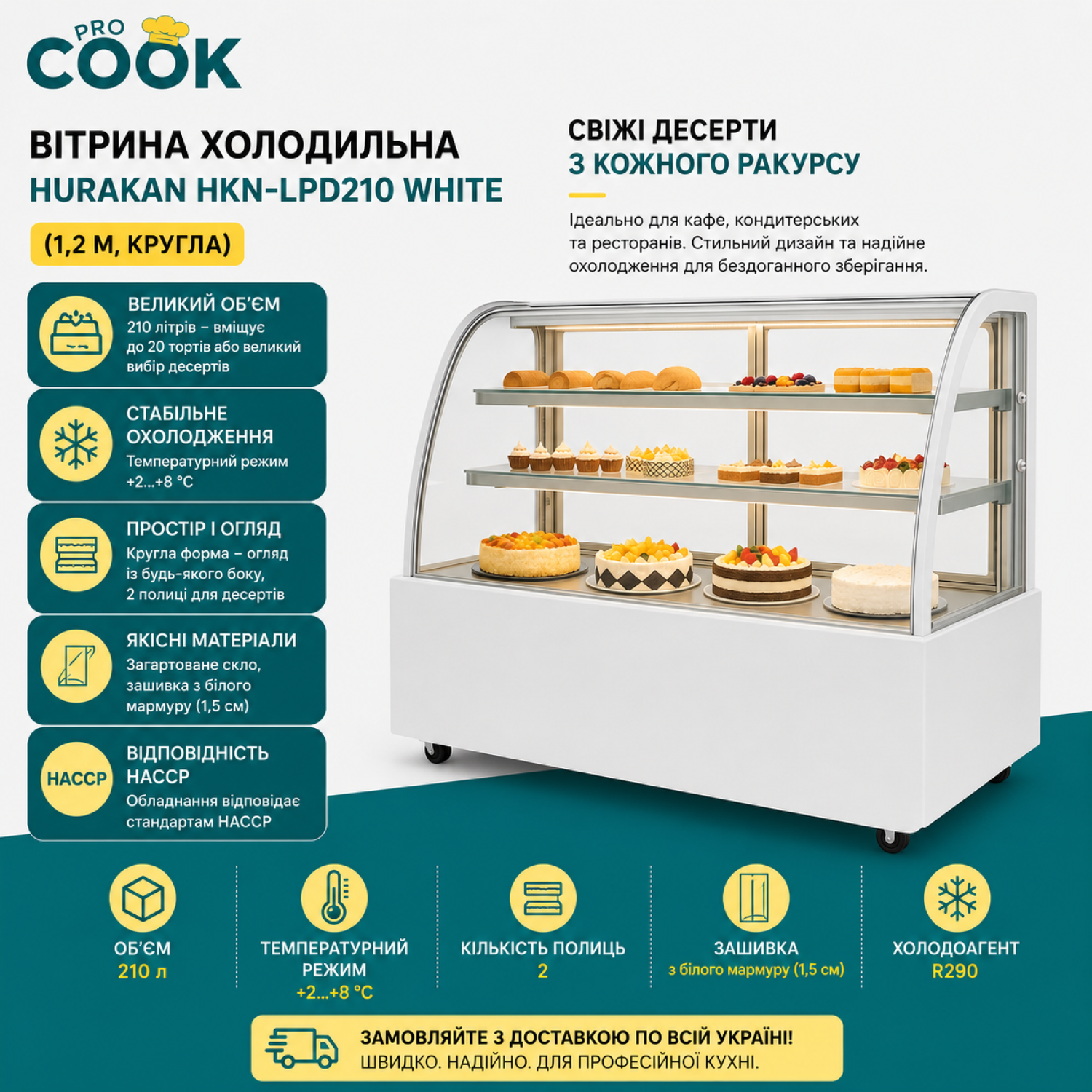 Вітрина холодильна HURAKAN HKN-LPD210 WHITE (1,2 м, кругла)