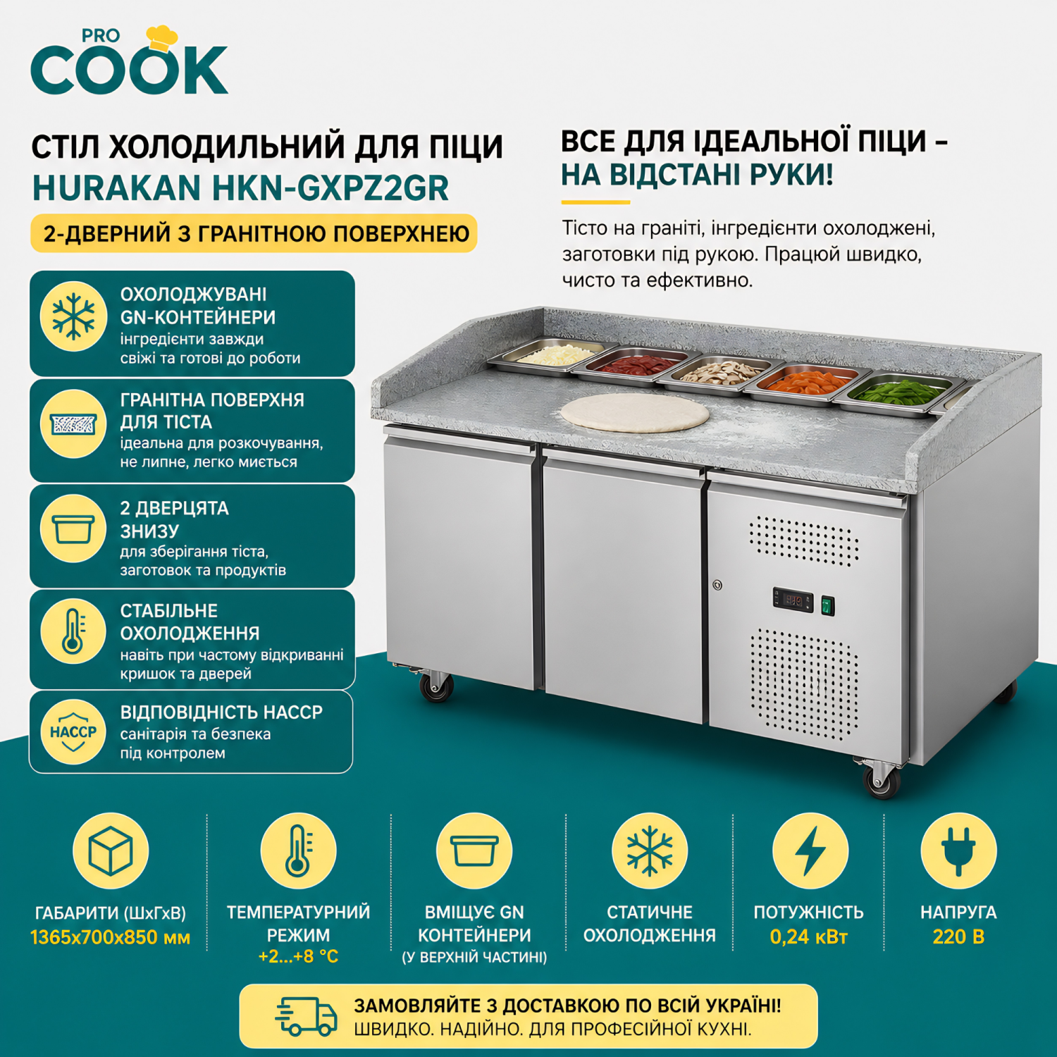 СТІЛ ХОЛОДИЛЬНИЙ HURAKAN HKN-GXPZ2GR ДЛЯ ПІЦИ 2-ДВЕРНИЙ З ГРАН. ПОВ.