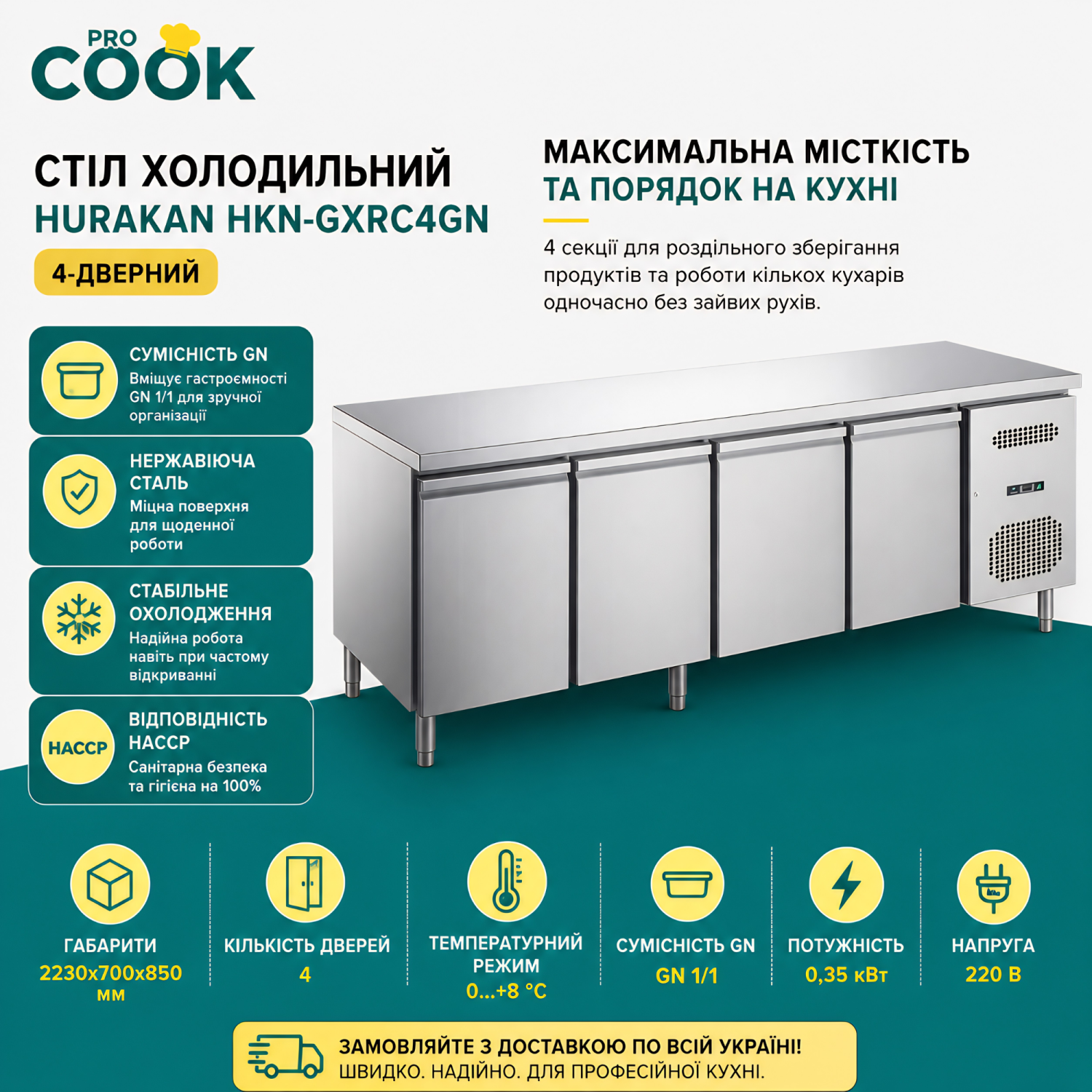 Стіл холодильний HURAKAN HKN-GXRC4GN 4-дверний